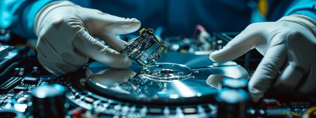 a focused technician in a high-tech data recovery lab investigates a malfunctioning hard drive under bright, sterile lighting, surrounded by diagnostic equipment and intricate data recovery tools.