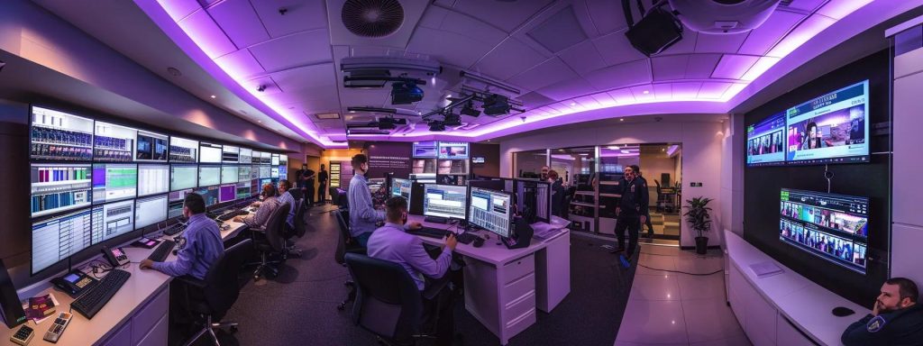a high-tech data recovery command centre, bustling with focused technicians analysing screens filled with complex data recovery software, illuminated by vibrant monitors against a backdrop of urgency and determination in a sleek, modern office environment.