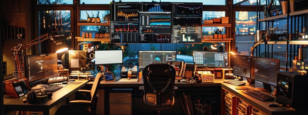 a professional data recovery technician in a modern office setting, attentively working on a complex array of digital devices, illuminated by focused task lighting, emphasising the urgency and expertise of local kingsley services.
