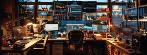 a professional data recovery technician in a modern office setting, attentively working on a complex array of digital devices, illuminated by focused task lighting, emphasising the urgency and expertise of local kingsley services.