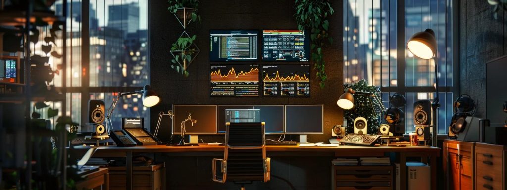 a professional office space featuring a high-tech workstation with multiple screens displaying complex data recovery processes, illuminated by sleek, modern lighting that enhances the focus on innovative technology.