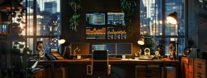 a professional office space featuring a high-tech workstation with multiple screens displaying complex data recovery processes, illuminated by sleek, modern lighting that enhances the focus on innovative technology.