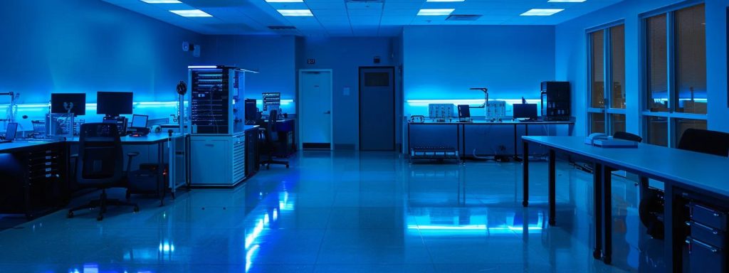 a sleek, high-tech data recovery lab is illuminated by cool, clinical lighting, showcasing advanced equipment meticulously arranged on polished surfaces, reflecting the precision and expertise of the kingsley data recovery process.