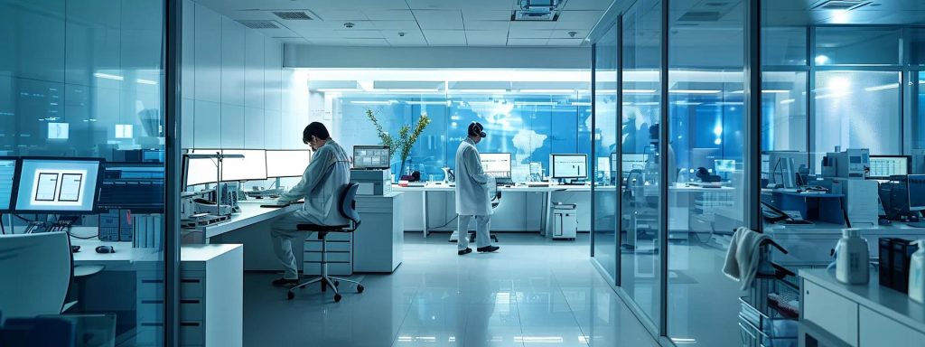 a sleek, modern data recovery office features technicians intently monitoring advanced recovery software on multiple screens, surrounded by high-tech equipment in a meticulously organised, secure environment.