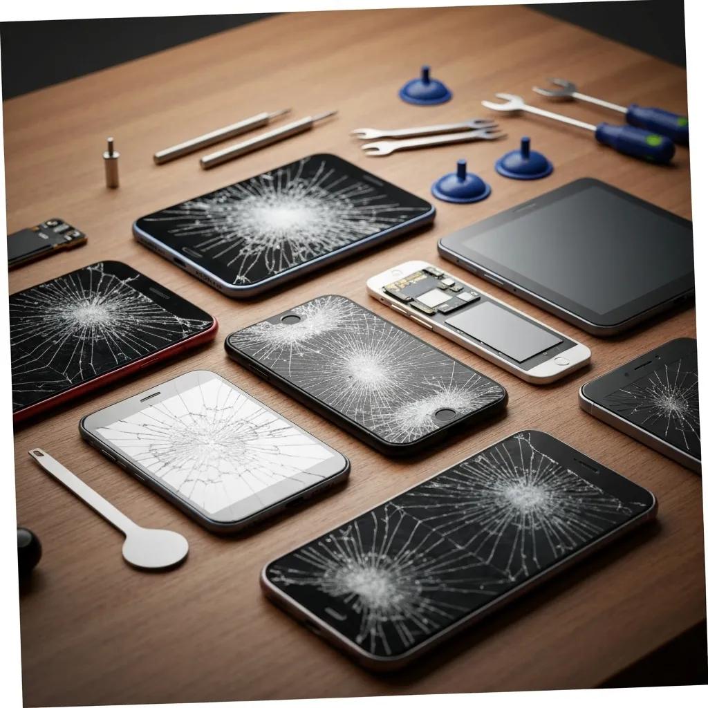 Different types of damaged smartphone screens including cracks and shattered glass