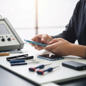 Technician unlocking a smartphone in a modern repair shop, highlighting mobile repair services