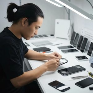 Technician replacing a cracked LCD screen on a smartphone in a repair shop
