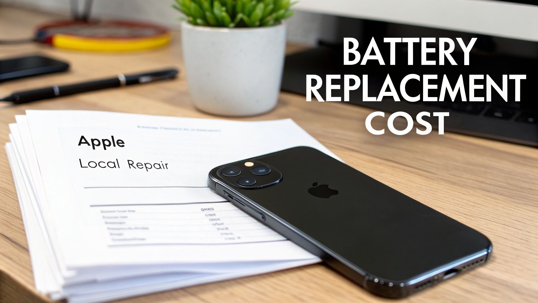 A black iPhone 11 and Apple Local Repair documents are on a desk, highlighting battery replacement cost.