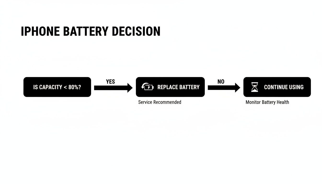 A flowchart for iPhone battery decision: replace if capacity is below 80%, otherwise continue using.