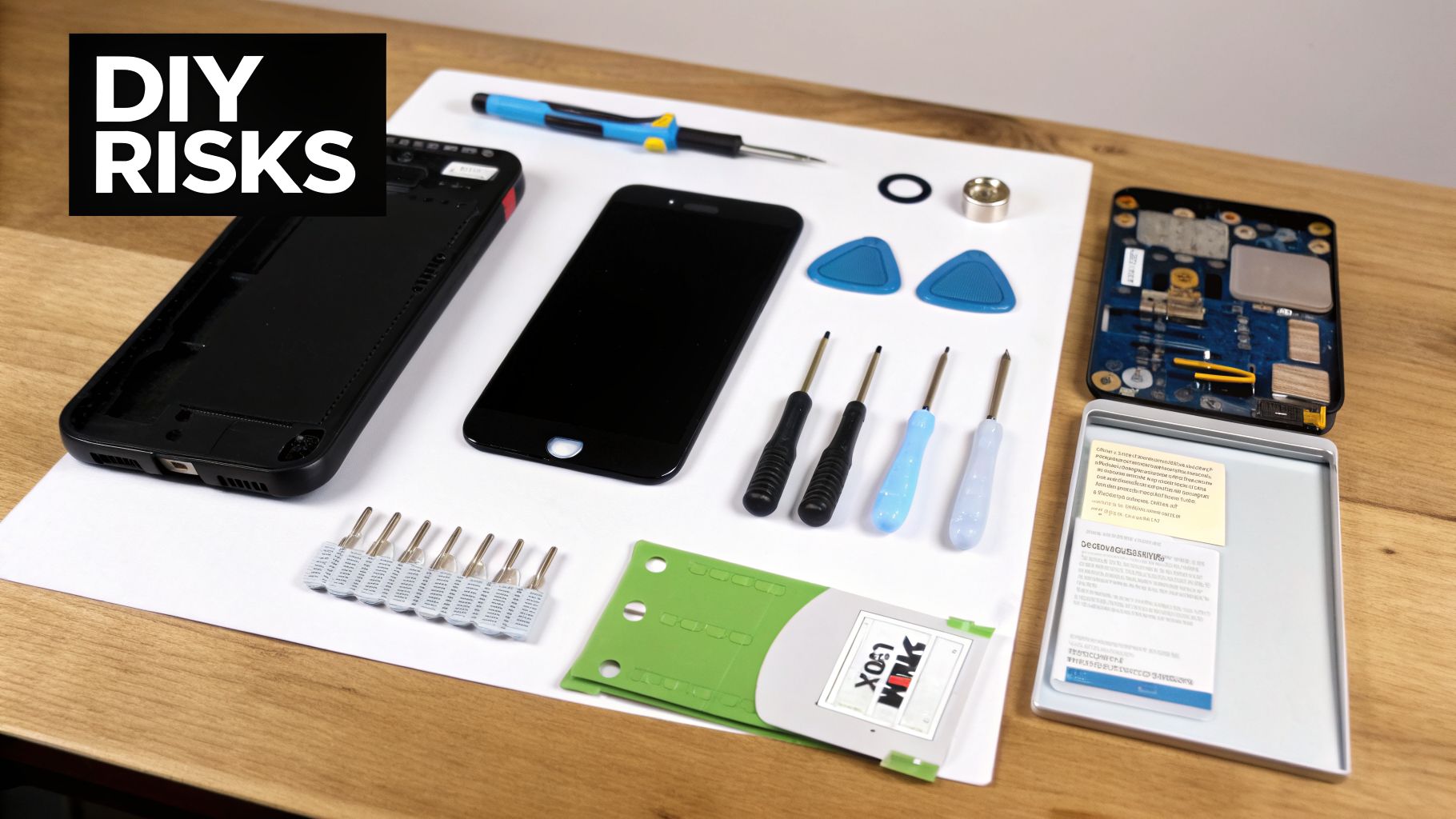 A flat lay of tools and components for DIY iPhone repair, emphasizing associated risks.