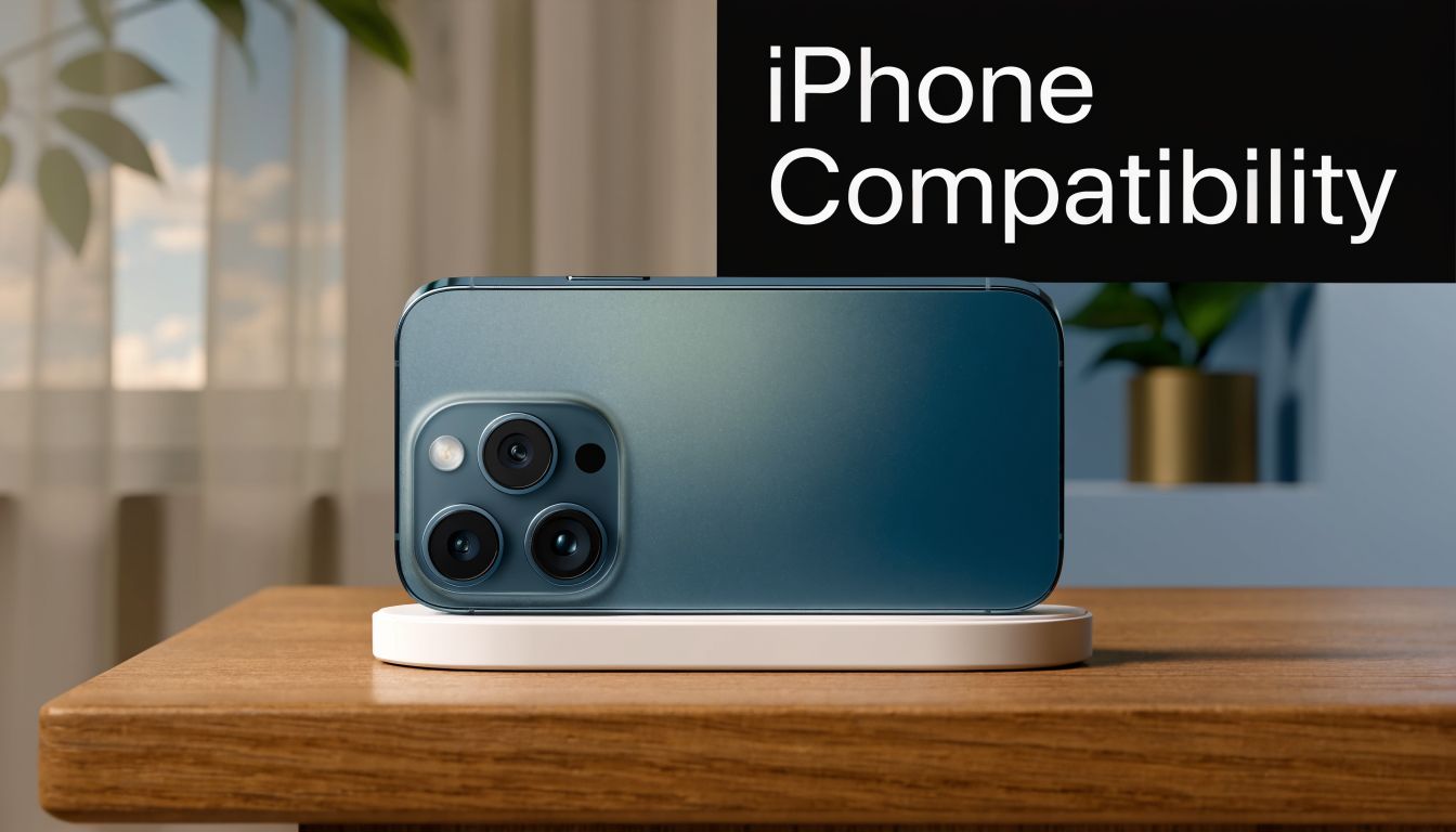 A modern smartphone rests on a white wireless charging pad sitting on a wooden table surface.