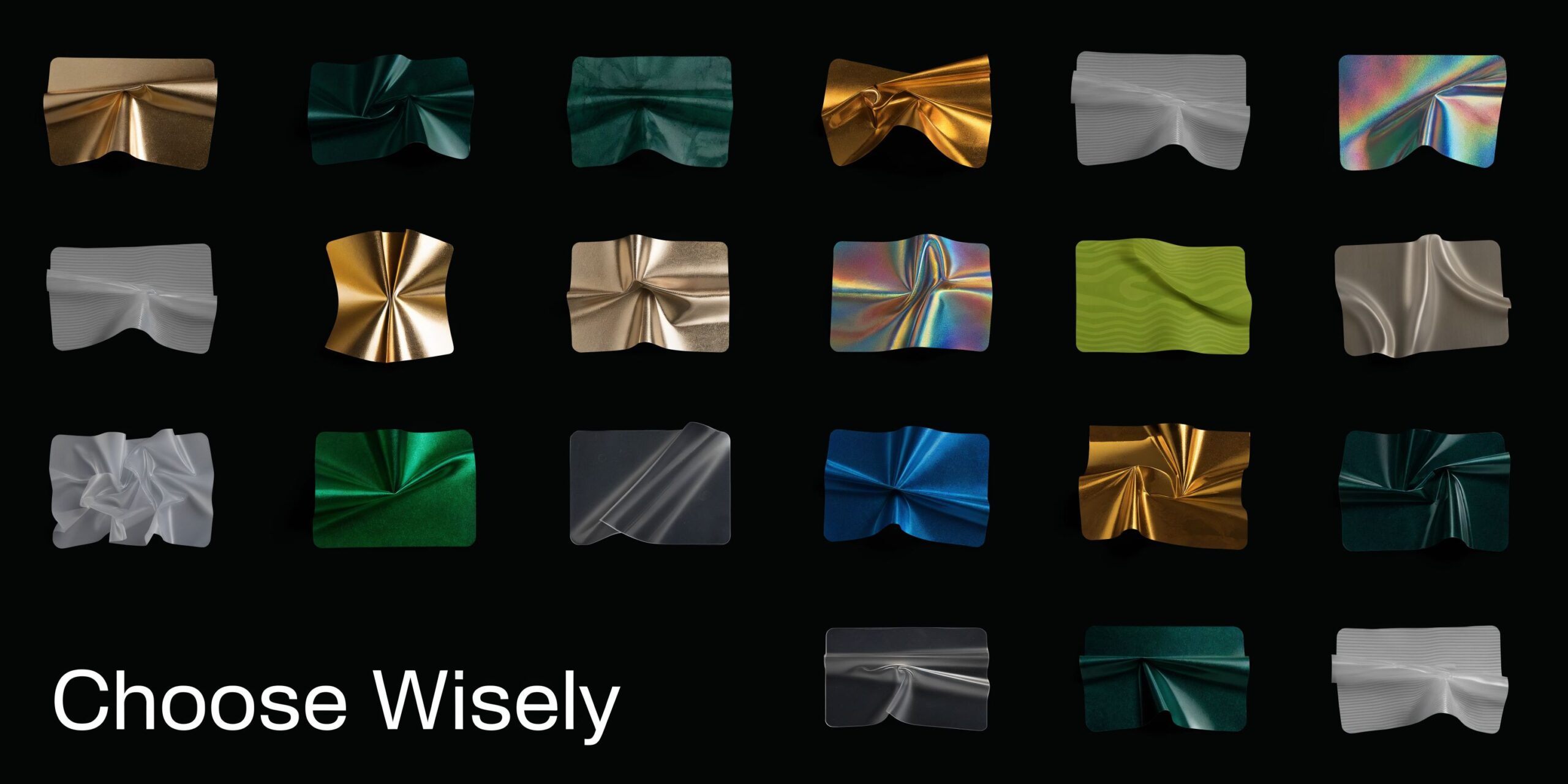 An array of various colorful and textured material swatches arranged in a grid against a black background.