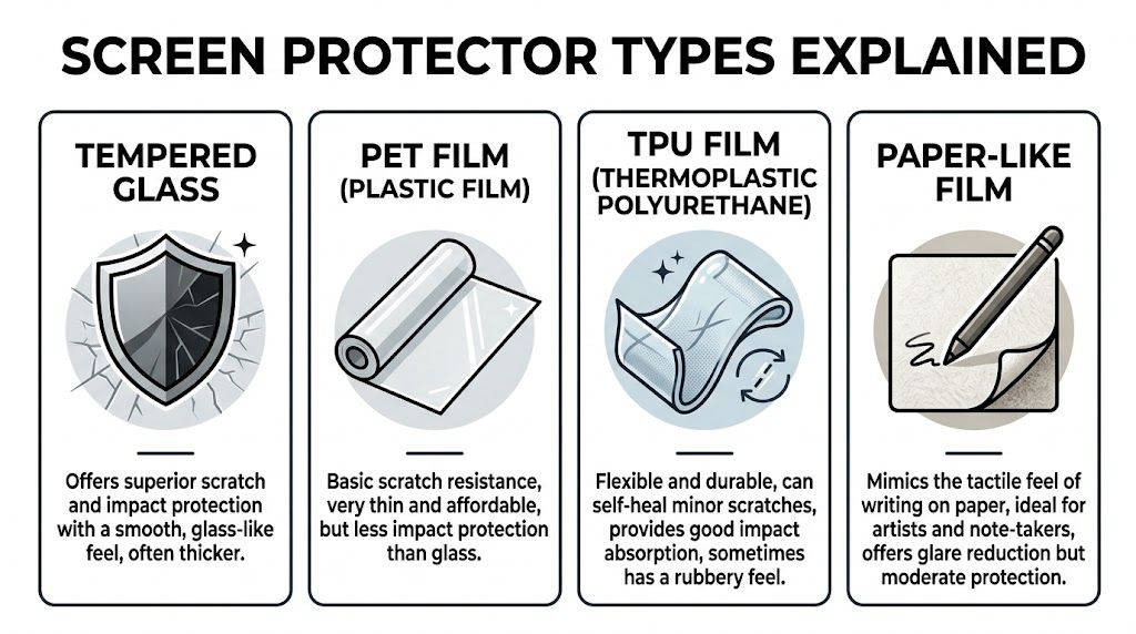 An infographic showing four common types of screen protectors with their respective features and benefits explained.