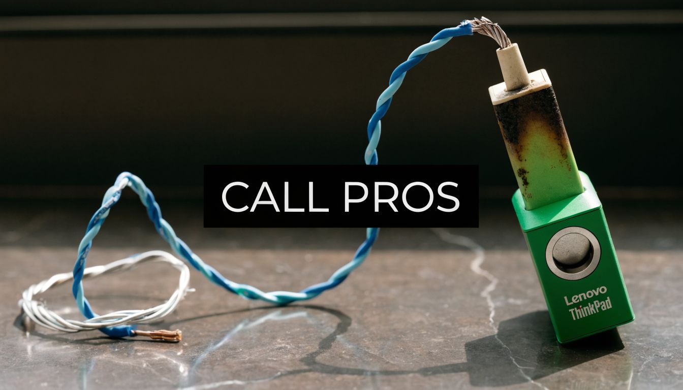 A damaged Lenovo ThinkPad charger component with exposed wires lying on a dark marble surface.