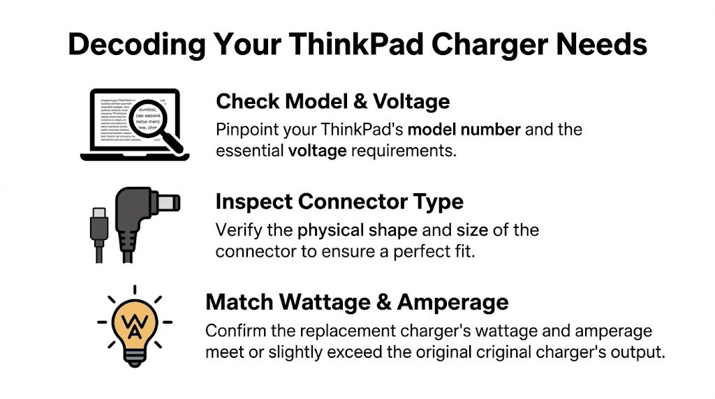 A helpful guide illustrating three essential steps for identifying the correct replacement charger for a Lenovo ThinkPad.