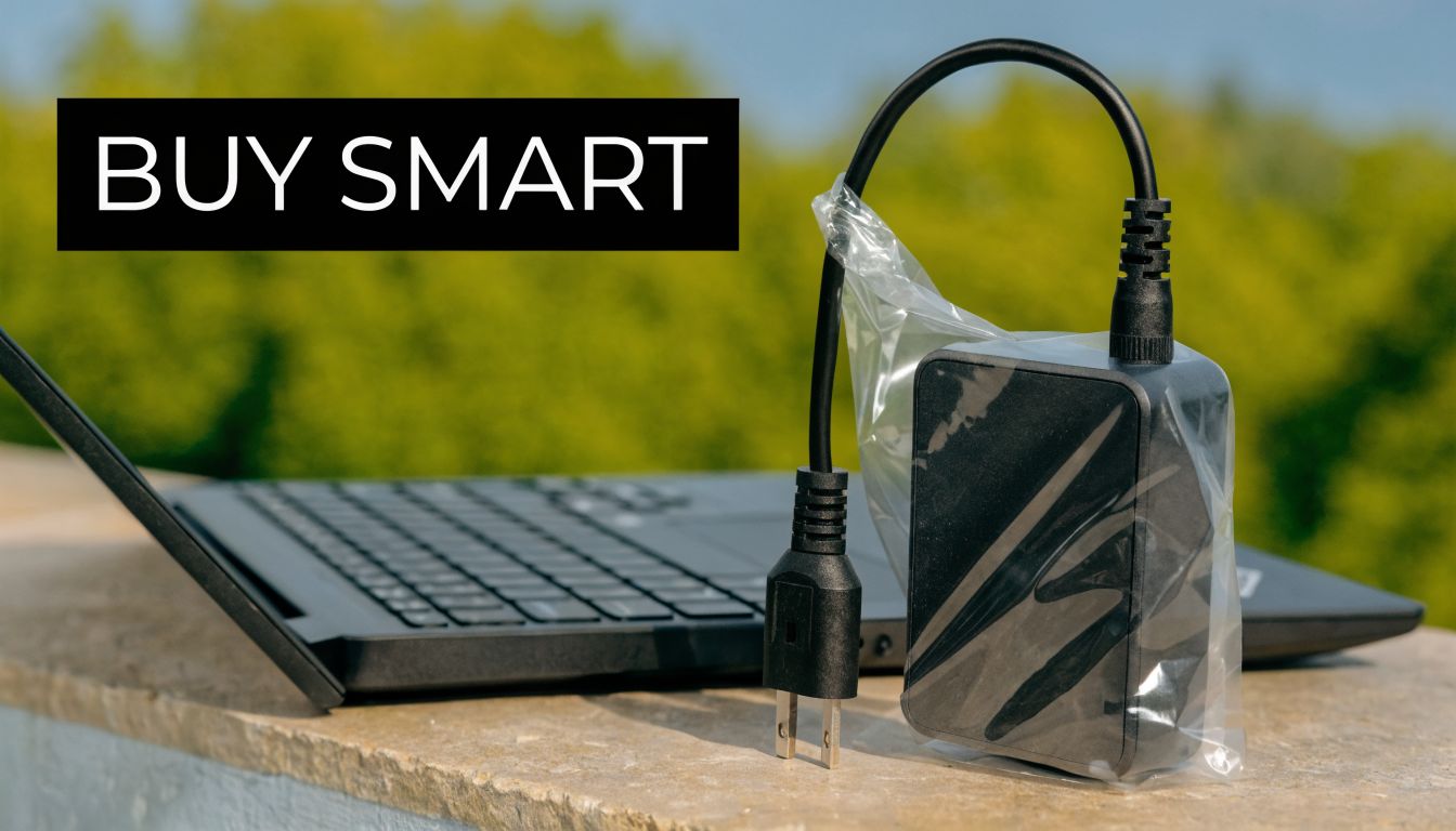 A black Lenovo ThinkPad laptop sits outdoors with its power charger adapter in a protective plastic wrap.