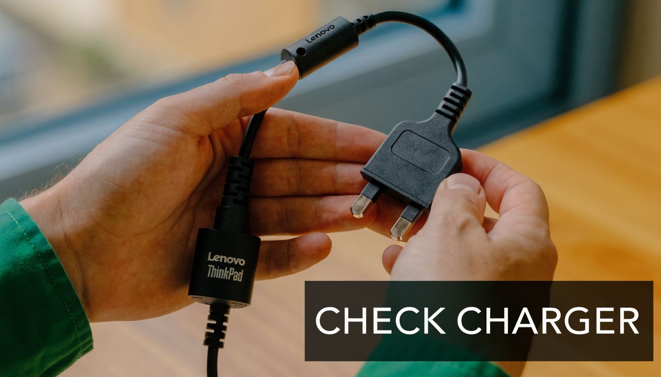 A pair of hands holds a Lenovo ThinkPad power adapter plug and cable against a blurred background.