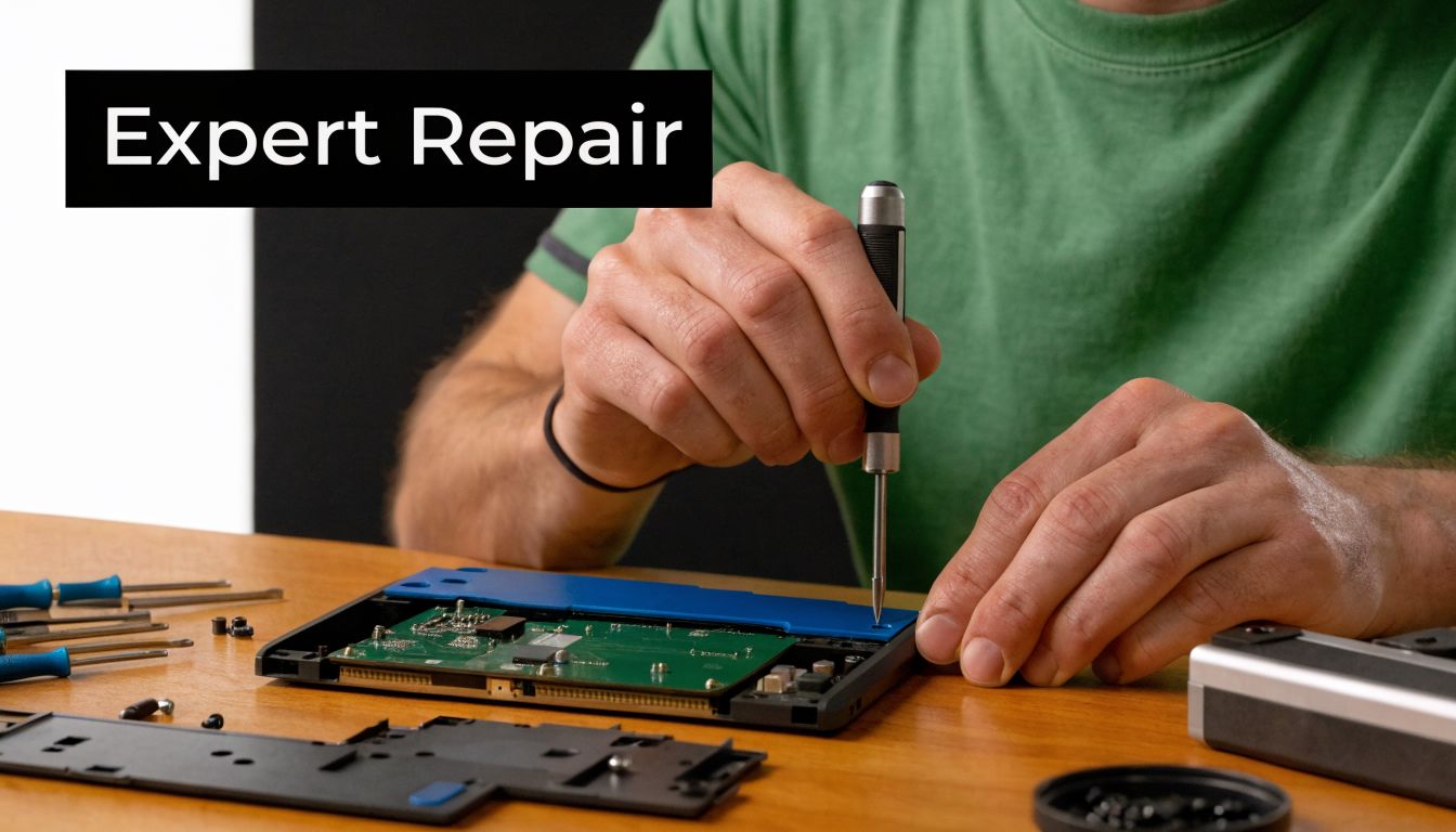 A person using a precision screwdriver to perform repairs on a disassembled Nintendo Switch console.