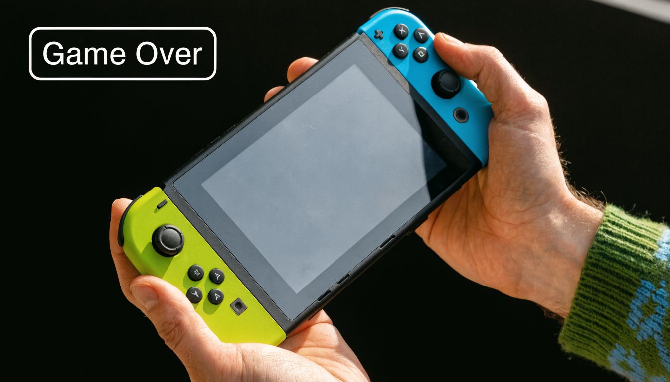 A person holding a Nintendo Switch console with a green left controller and blue right controller.