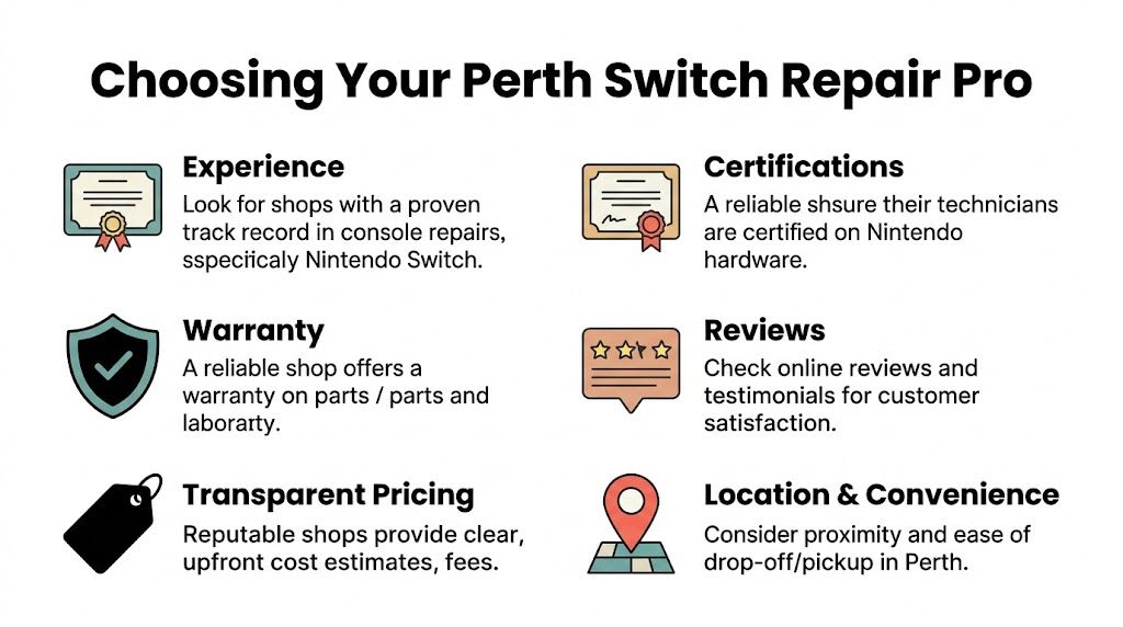 An infographic titled Choosing Your Perth Switch Repair Pro outlining tips for selecting Nintendo Switch repair services.