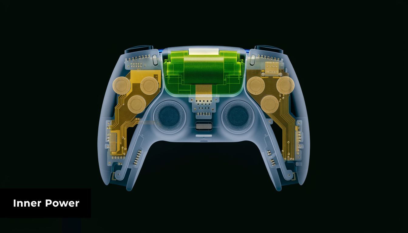 An X-ray style view of a PlayStation 5 controller revealing its internal electronic components and battery structure.