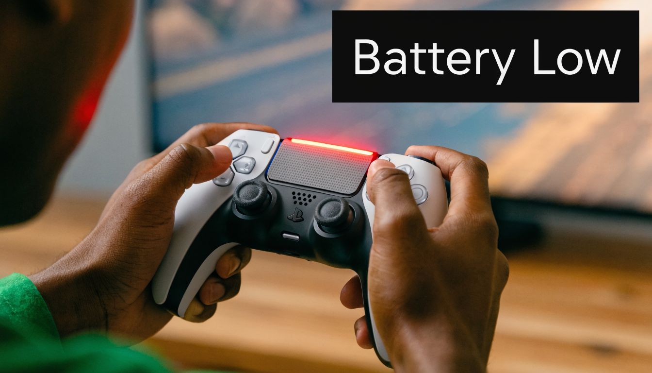 A close-up view of a person's hands holding a PlayStation 5 controller with a low battery warning.