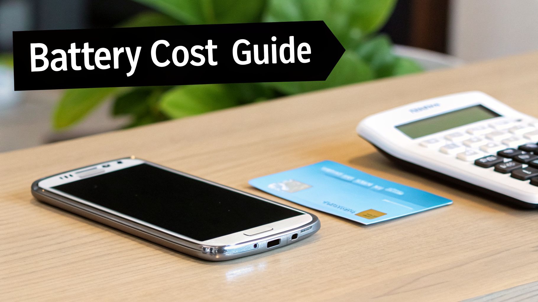 A smartphone, credit card, and calculator on a wooden table with a 'Battery Cost Guide' banner.