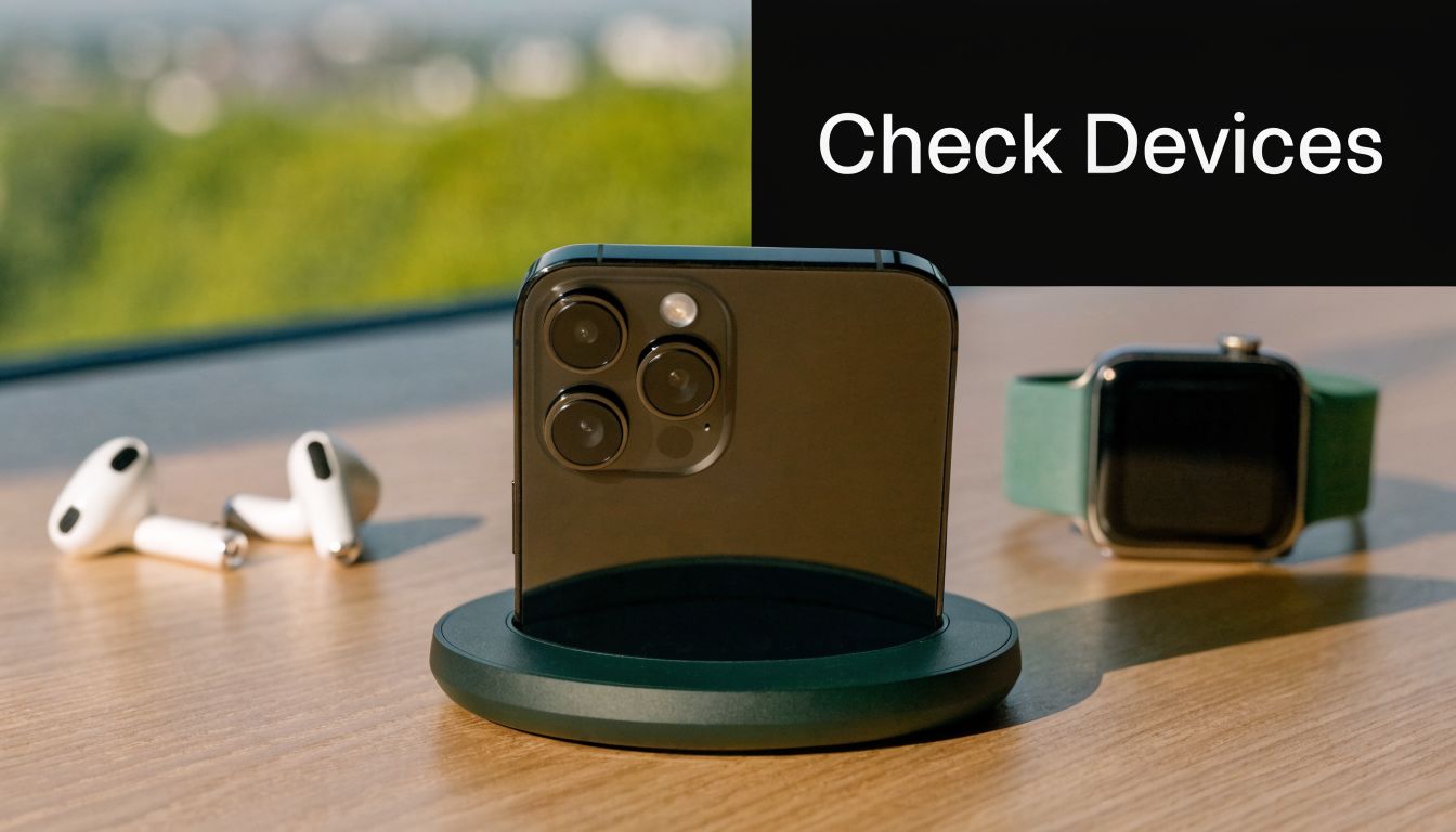 An iPhone, a pair of AirPods, and an Apple Watch on a green wireless charging pad.