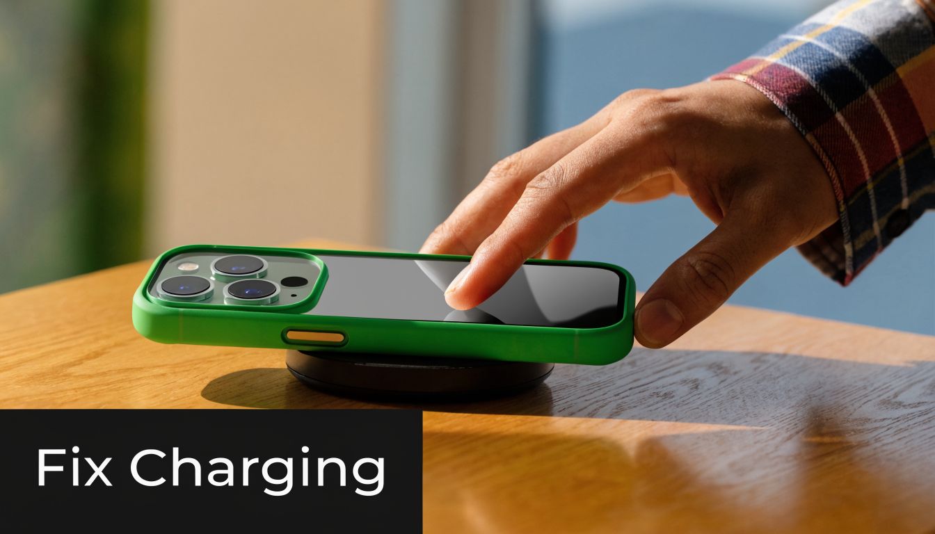 A hand placing a smartphone on a wireless charging pad on a wooden table to fix charging