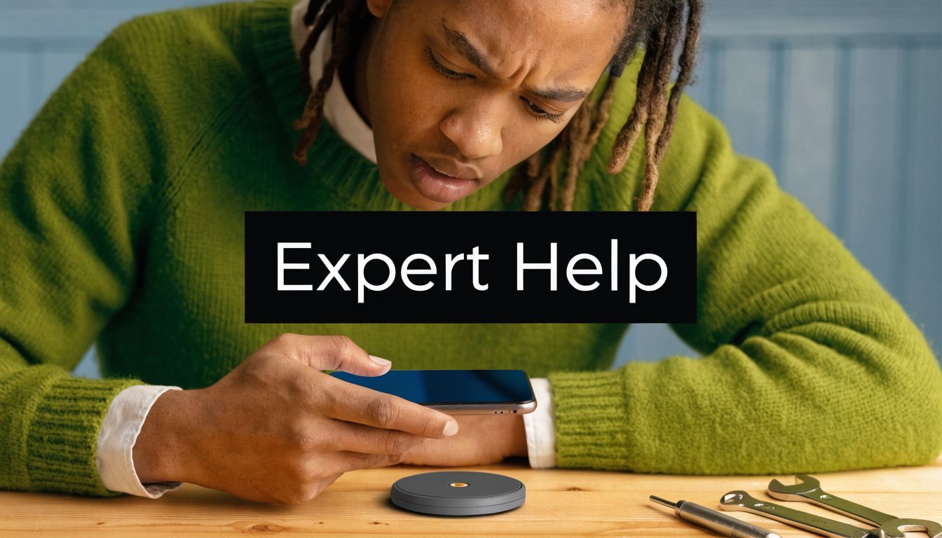 A person looking confused at a smartphone placed near a circular wireless charging pad on a wooden table.