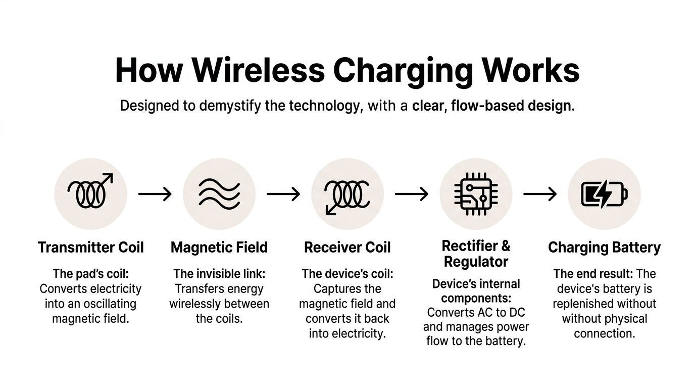 A diagram illustrating the process of how wireless charging works, showing energy transfer from transmitter to battery.