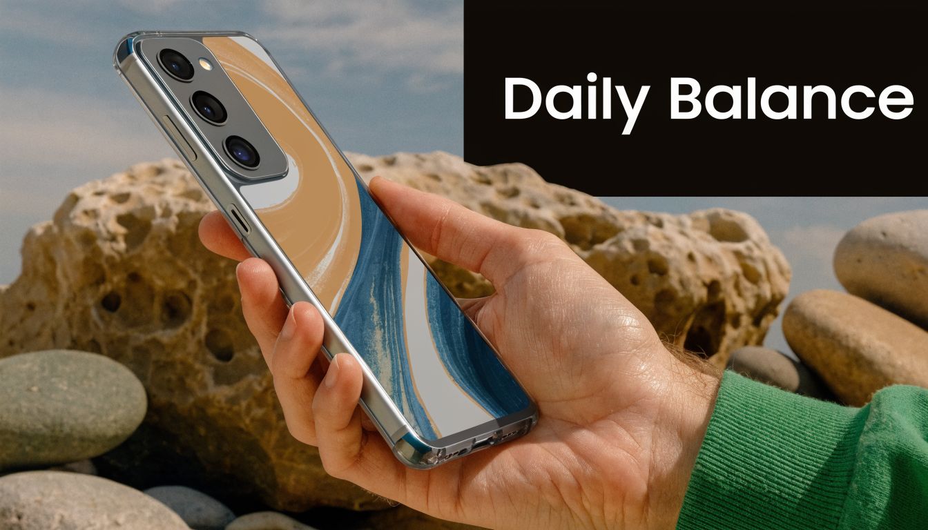 A hand holding a Samsung Galaxy smartphone featuring a stylish abstract blue and beige patterned phone case.