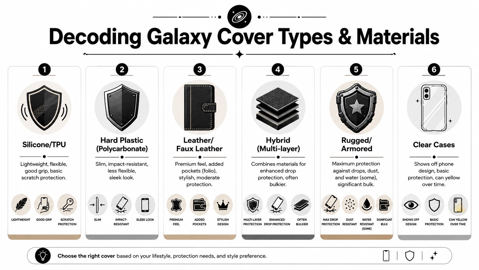 An infographic detailing various Samsung Galaxy phone cover types, materials, and their specific features and benefits.