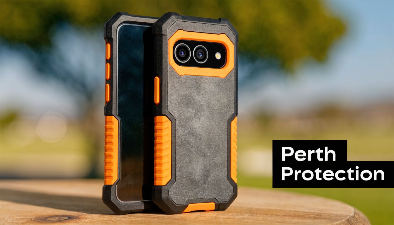 A rugged orange and black protective phone case for a smartphone resting on a wooden surface outdoors.