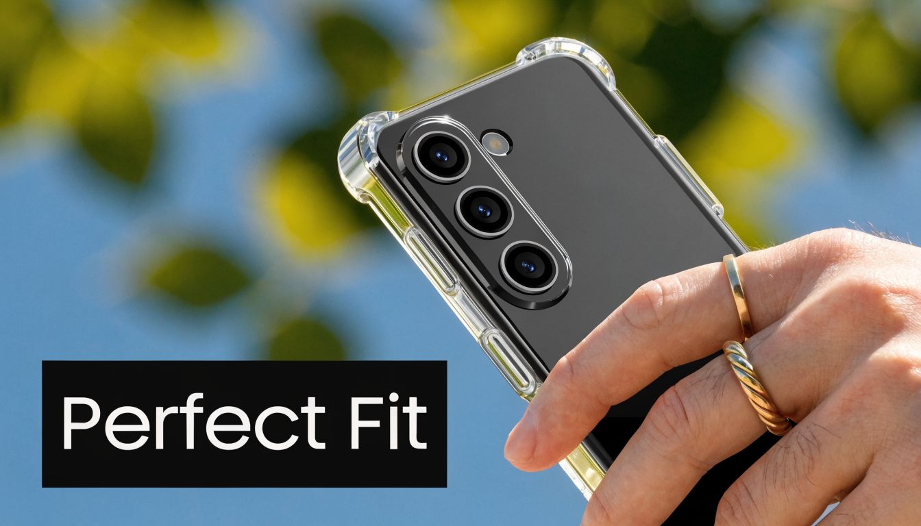 A hand wearing gold rings holding a sleek smartphone protected by a clear transparent shockproof cover.